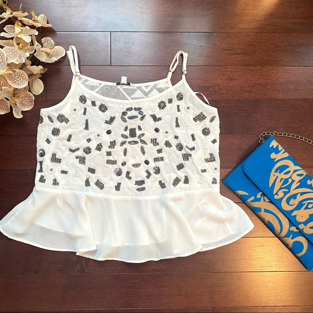 GUESS Sleeveless Beaded Sequin Top Peplum, White, Size M